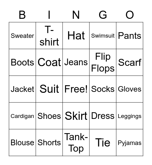 Clothing Bingo Card