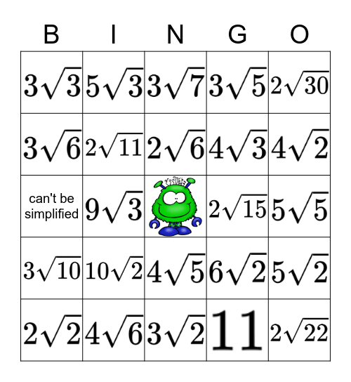 Simplifying Radicals Bingo Card
