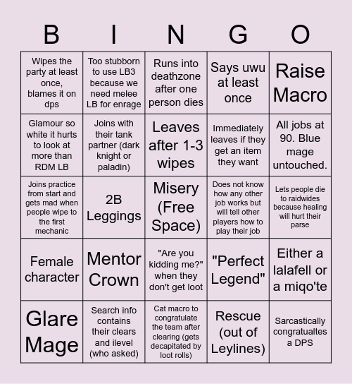 Party Finder White Mage Bingo Card