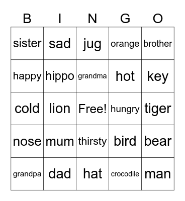 Animals Feelings Family Bingo Card