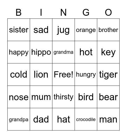 Animals Feelings Family Bingo Card