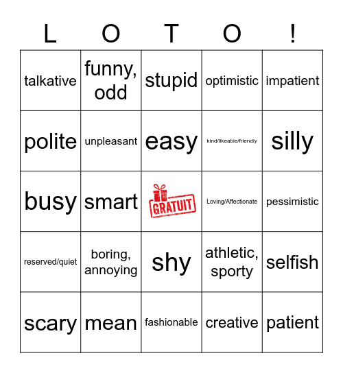 Personality Adjectives Bingo Card