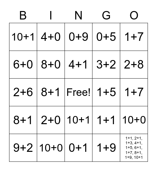 Addition - +0, +1, +2 Bingo Card