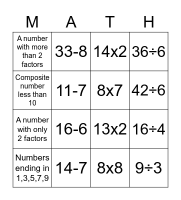 Math Practice Bingo Card