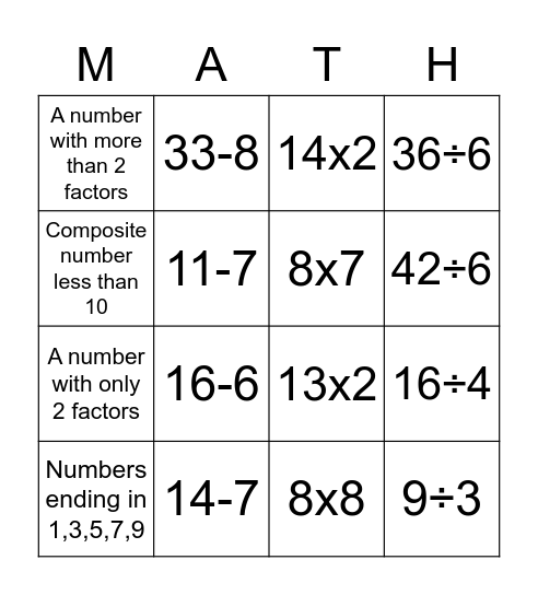 Math Practice Bingo Card