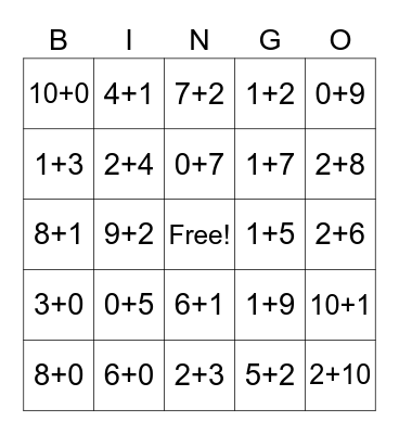 Addition - 0, 1, 2 Bingo Card