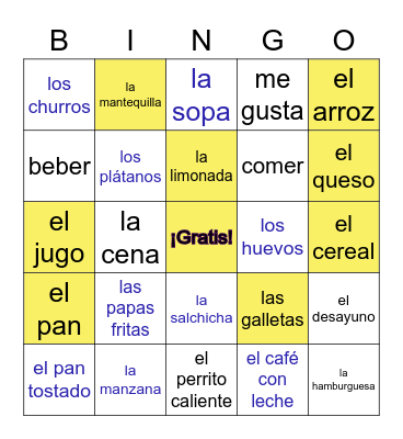 Realidades 1, Capítulo 3A vocabulario Bingo Card