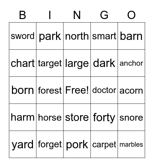 AR and OR Words Bingo Card
