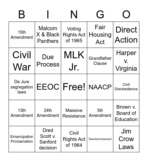 African American Struggle for Equality Bingo Card