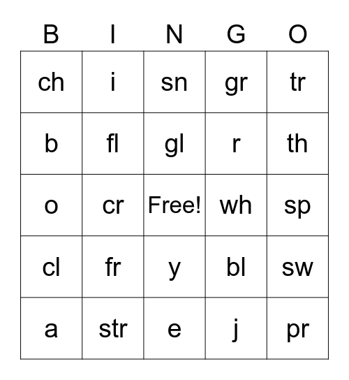Phonics Blends Bingo Card