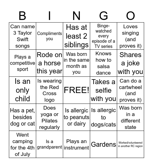 Red Cross BINGO! Find someone who... Bingo Card