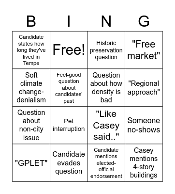 Clowes for Council Debate Watch Party! Bingo Card