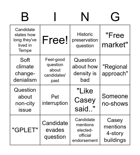 Clowes for Council Debate Watch Party! Bingo Card