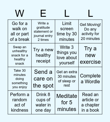 Well-Being Bingo! Bingo Card