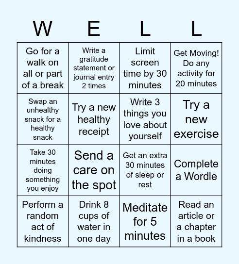 Well-Being Bingo! Bingo Card