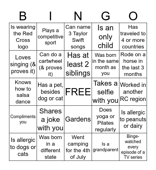 Red Cross BINGO! Find someone who... Bingo Card