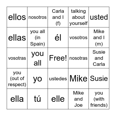 Subject Pronoun Bingo Card