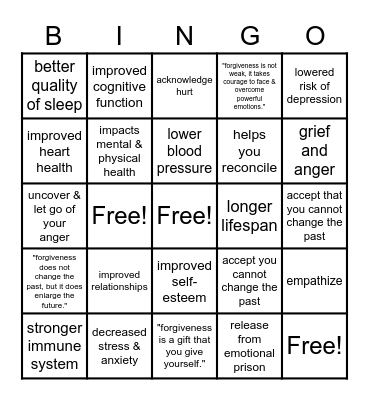 PHYSICAL BENEFITS OF FORGIVENESS Bingo Card