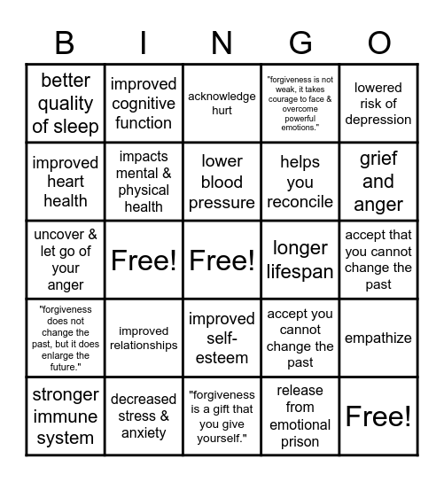 PHYSICAL BENEFITS OF FORGIVENESS Bingo Card