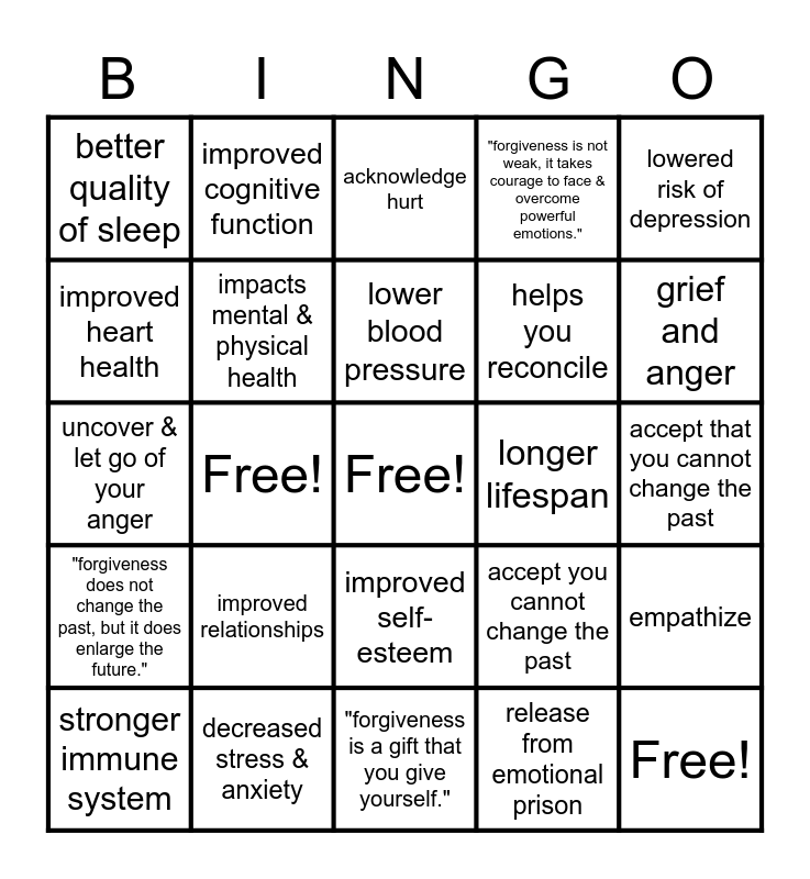 PHYSICAL BENEFITS OF FORGIVENESS Bingo Card