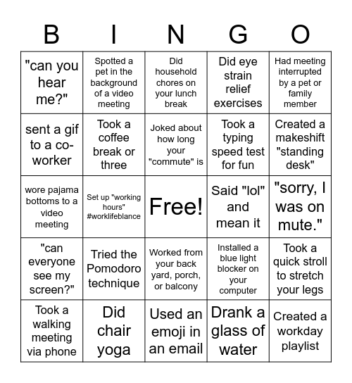 Remote Work Bingo Card