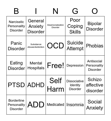 Mental Health Bingo Card