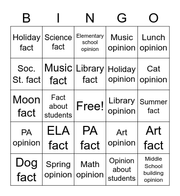 Facts vs Opinions Bingo Card