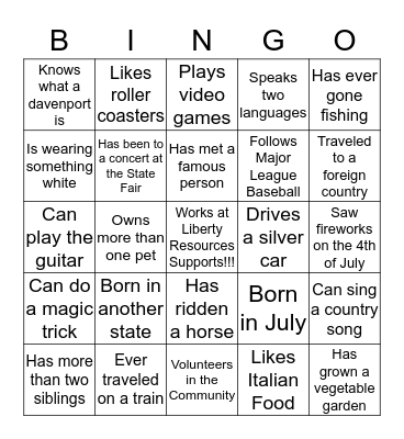 Getting To Know You Bingo Card