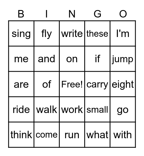 Sight Word Bingo Card