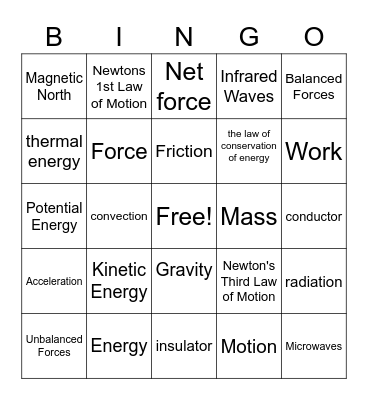 Energy, Force, & Motion Bingo Card
