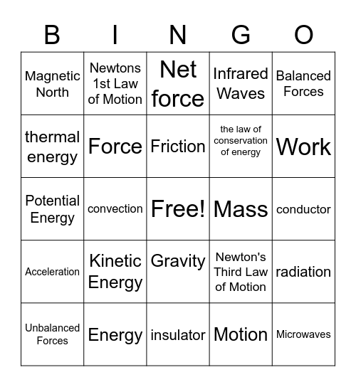Energy, Force, & Motion Bingo Card