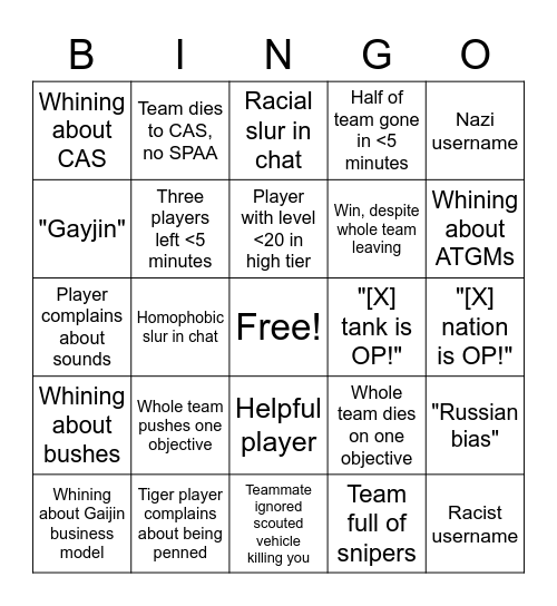 War Thunder Bingo Card