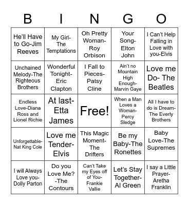 Love Song Bingo Card