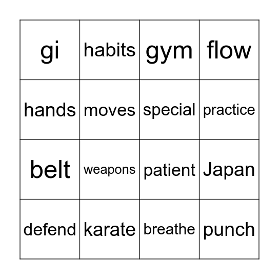 Karate Bingo Card