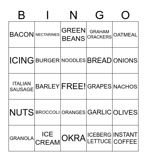 FOOD BINGO Card