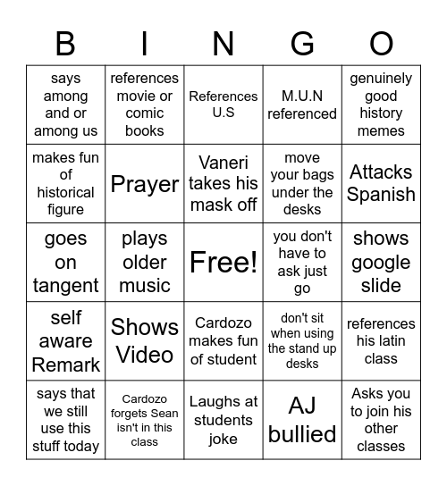 Cardozo class bingo card Patrick addition Bingo Card