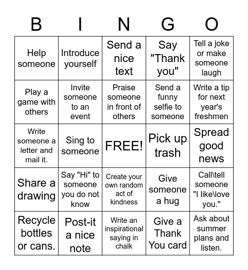 Pay it Forward Bingo Card