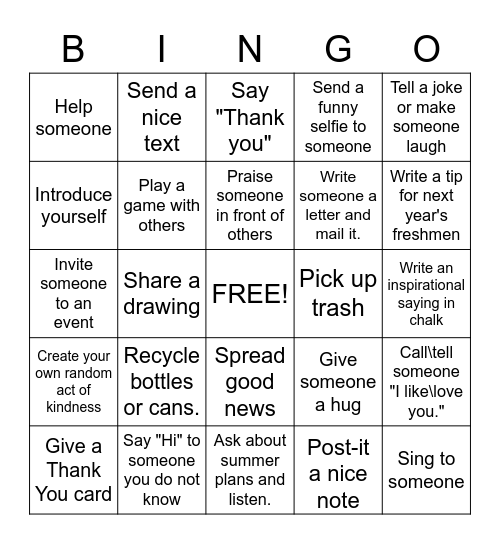 Pay it Forward Bingo Card