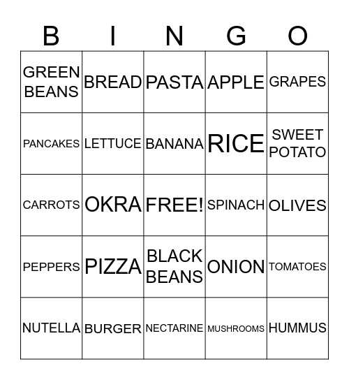 FOOD BINGO Card