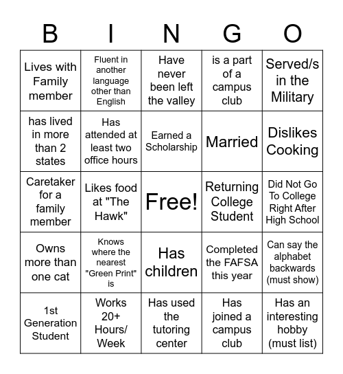 First Year Bingo Card