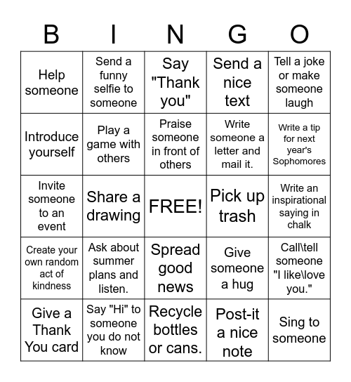 Pay it Forward Bingo Card