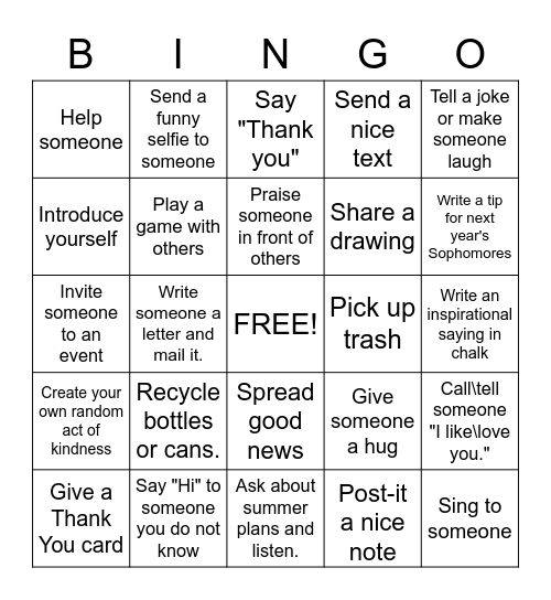 Pay it Forward Bingo Card