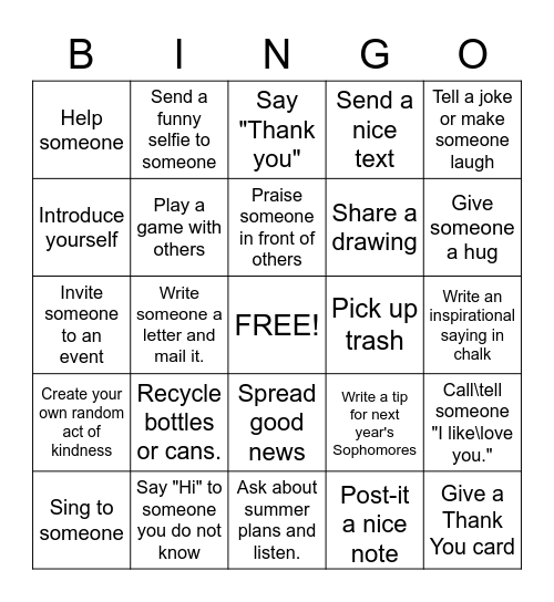 Pay it Forward Bingo Card