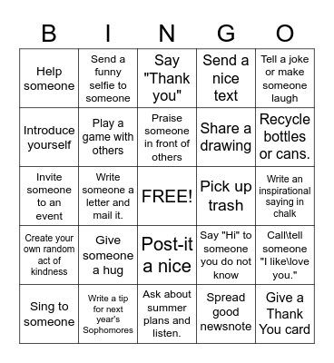 Pay it Forward Bingo Card