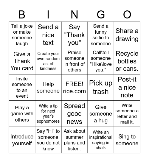 Pay it Forward Bingo Card