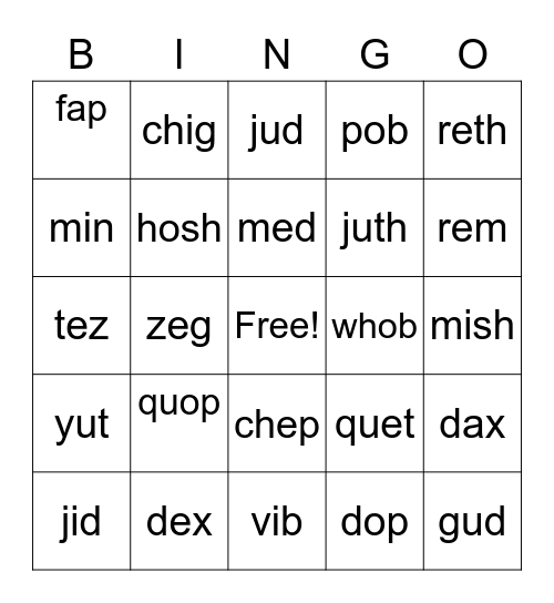 Nonsense Words Bingo Card