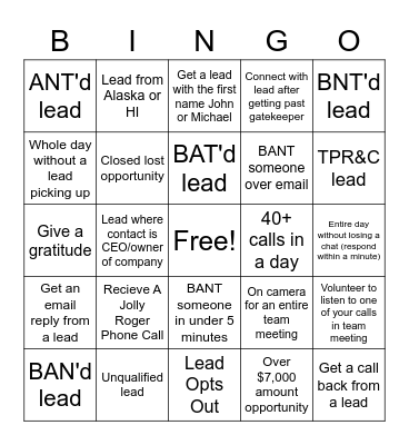 Inbound Sales Team Bingo Card