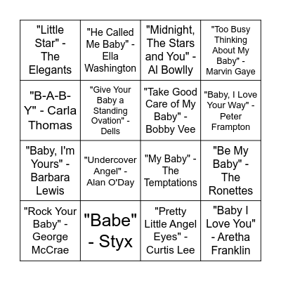 Baby, Angel, Stars, Night Songs Bingo Card