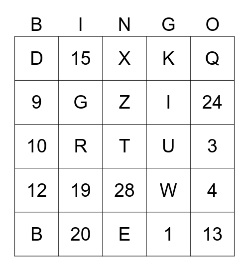 l'Alphabet et les nombres 1-29 Bingo Card