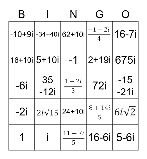 Complex Numbers Review Bingo Card